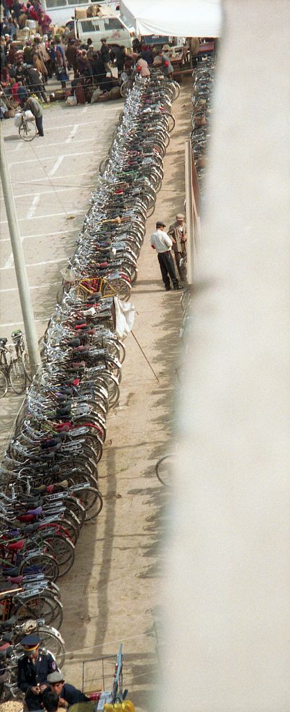 64 Kashgar Sunday Market 1993 Row Of Bicycles At Fruit And Vegetable Market From Tower